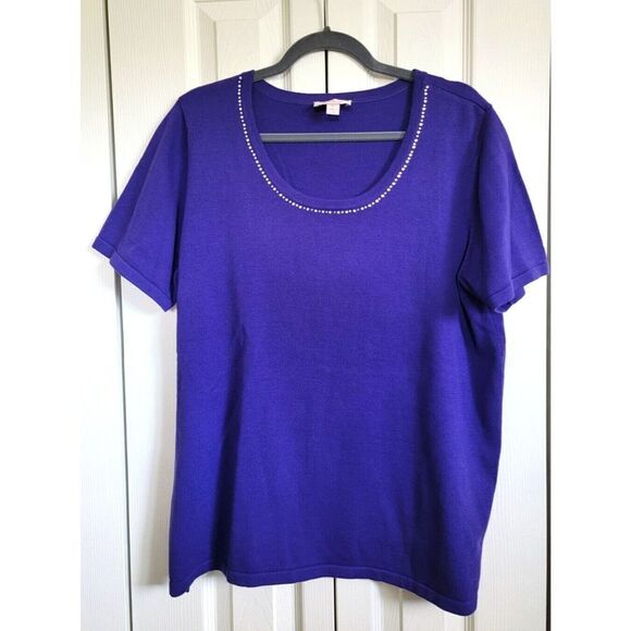 Quaker Factory L Purple Sweater‎ Lightweight Clear Sequins Large T-Shirt Style - Picture 1 of 4